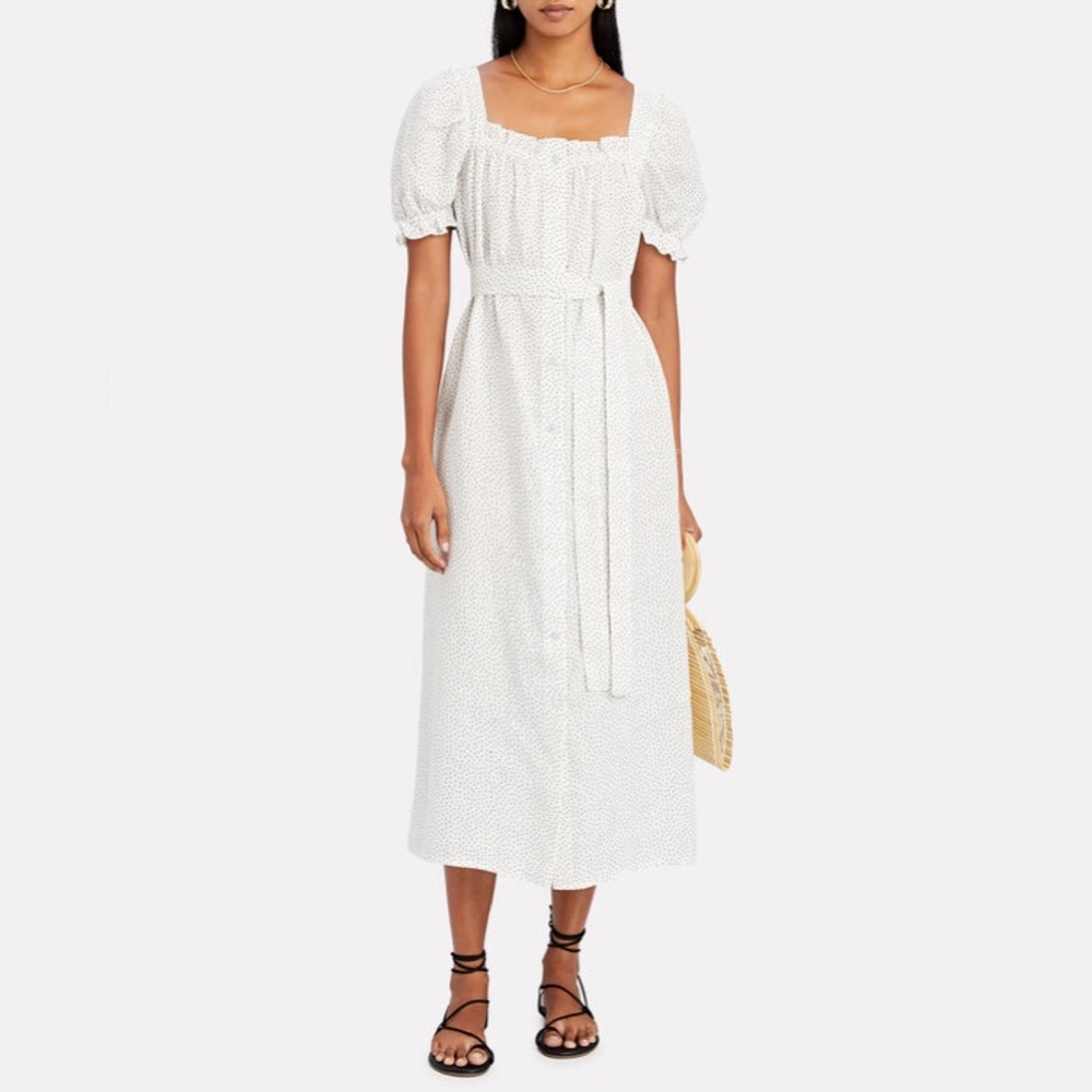 SLEEPER Brigitte Polka Dot Linen Midi Dress